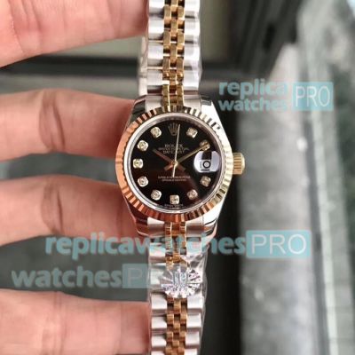 Swiss Copy Rolex Datejust Black Dial Two Tone Ladies Watch 28mm